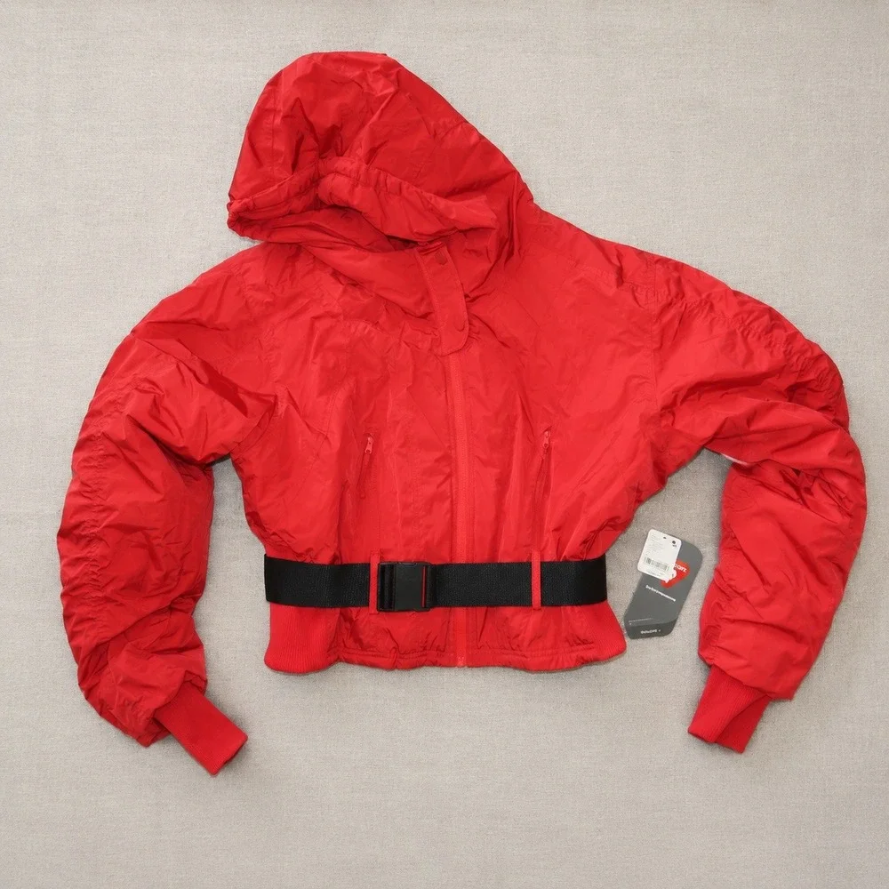Free People Movement Powder Vixen Red Duvet Puffer Jacket Belted Hooded Crop Lg
